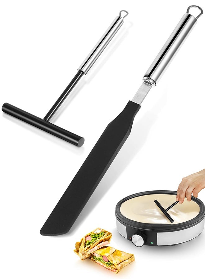 2PCS Crepe Spreader and Spatula Set Pancake Making Tools Crepe Pan Maker Batter Spreader Spatula Cake Turner Kitchen Utensils Stainless Steel Crepe Spreader Tool - Image 1